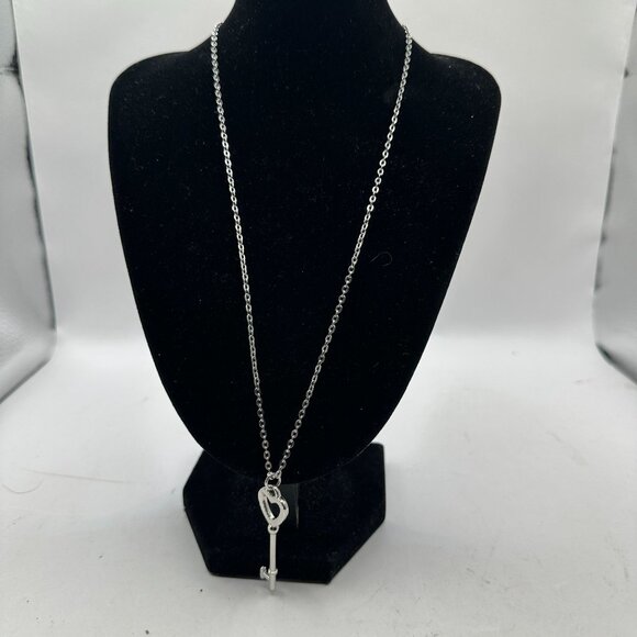 Heart Key Pendant Necklace With Rhinestones & Lobster Clasp On Silver-Tone Chain - Picture 1 of 4